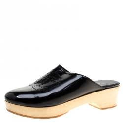Chanel Black Leather Perforated CC Wooden Clog Size 37