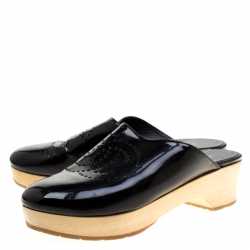 Chanel Black Leather Perforated CC Wooden Clog Size 37