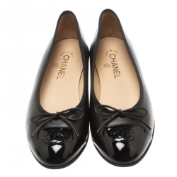 Pre Owned Chanel Black Leather And Patent Leather CC Cap Toe Ballet Flats Size 41