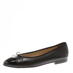 Pre Owned Chanel Black Leather And Patent Leather CC Cap Toe Ballet Flats Size 41