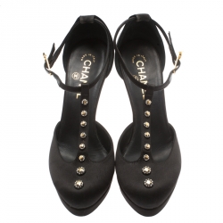 Chanel Black Satin Studded T-Strap Mary Jane Pumps Size 39.5