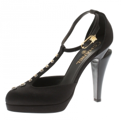 Pre Owned حذاء كعب عالي شانيل ماري جين سير T مرصع ساتان أسود مقاس 39.5