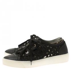 Chanel Black Flower Cutout Leather Sneakers Size 38.5