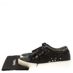 Pre Owned Chanel Black Flower Cutout Leather Sneakers Size 38.5