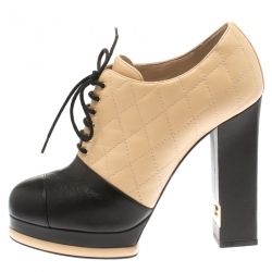 Chanel Beige Quilted And Black Leather CC Block Heel Lace Up Platform Booties Size 38.5