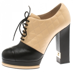 Chanel Beige Quilted And Black Leather CC Block Heel Lace Up