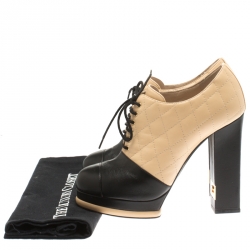 Chanel Beige Quilted And Black Leather CC Block Heel Lace Up Platform Booties Size 38.5
