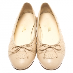 Pre Owned Chanel Beige Quilted Leather CC Bow Ballet Flats Size 39