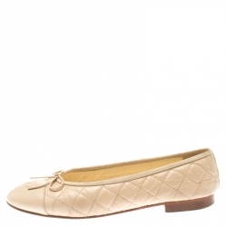 Pre Owned Chanel Beige Quilted Leather CC Bow Ballet Flats Size 39