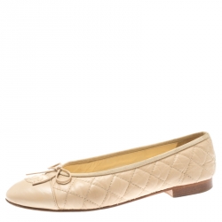 Pre Owned Chanel Beige Quilted Leather CC Bow Ballet Flats Size 39