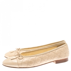 Pre Owned Chanel Beige Quilted Leather CC Bow Ballet Flats Size 39