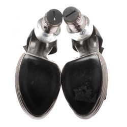 Chanel Black Glitter Textured Leather Light Bulb Heel Ankle Strap Platform Sandals Size 38.5