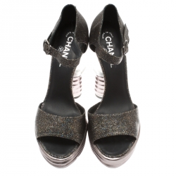 Chanel Black Glitter Textured Leather Light Bulb Heel Ankle Strap Platform Sandals Size 38.5