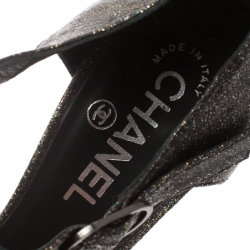 Chanel Black Glitter Textured Leather Light Bulb Heel Ankle Strap Platform Sandals Size 38.5