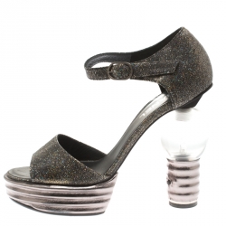 Chanel Black Glitter Textured Leather Light Bulb Heel Ankle Strap Platform Sandals Size 38.5