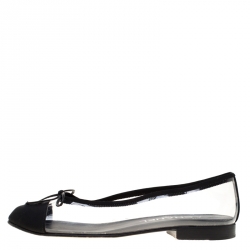 Pre Owned Chanel Black PVC And Fabric CC Cap Toe Bow Ballet Flats Size 37