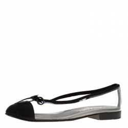 Pre Owned Chanel Black PVC And Fabric CC Cap Toe Bow Ballet Flats Size 37