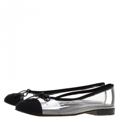 Pre Owned Chanel Black PVC And Fabric CC Cap Toe Bow Ballet Flats Size 37