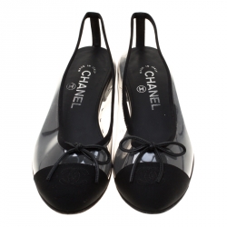 Pre Owned Chanel Black PVC And Fabric CC Cap Toe Bow Ballet Flats Size 37