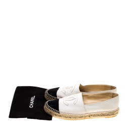 Pre Owned Chanel White Leather And Black Canvas CC Espadrilles Size 37