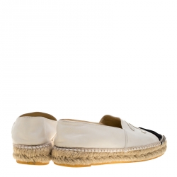 Pre Owned Chanel White Leather And Black Canvas CC Espadrilles Size 37
