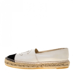 Pre Owned Chanel White Leather And Black Canvas CC Espadrilles Size 37