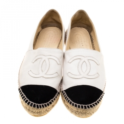 Pre Owned Chanel White Leather And Black Canvas CC Espadrilles Size 37