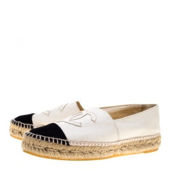 Pre Owned Chanel White Leather And Black Canvas CC Espadrilles Size 37