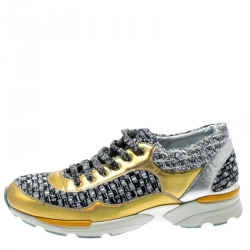 مملوكة مسبقًا حذاء رياضي شانيل تويد وجلد ميتاليك مقاس 39
