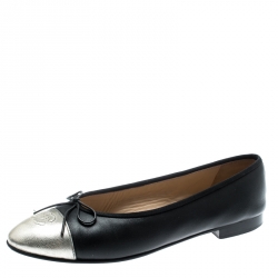 Chanel Black Leather With Metallic Silver CC Cap Toe Bow Ballet