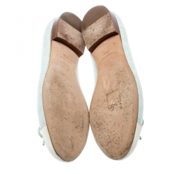 Pre Owned Chanel Light Green Canvas White Cap Toe CC Bow Ballet Flats Size 36.5