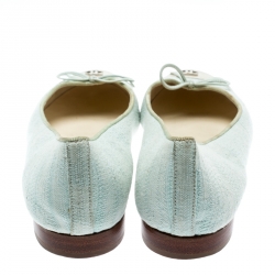 Pre Owned Chanel Light Green Canvas White Cap Toe CC Bow Ballet Flats Size 36.5