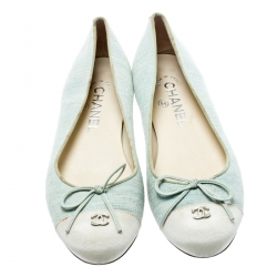 Pre Owned Chanel Light Green Canvas White Cap Toe CC Bow Ballet Flats Size 36.5