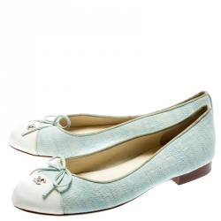 Pre Owned Chanel Light Green Canvas White Cap Toe CC Bow Ballet Flats Size 36.5