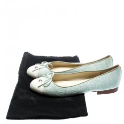 Pre Owned Chanel Light Green Canvas White Cap Toe CC Bow Ballet Flats Size 36.5