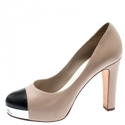 Pre Owned Chanel Beige And Black Leather Cap Toe Metal Platform Pumps Size 38