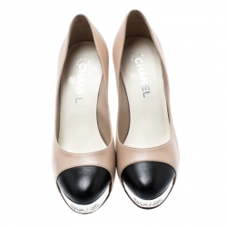 Pre Owned Chanel Beige And Black Leather Cap Toe Metal Platform Pumps Size 38