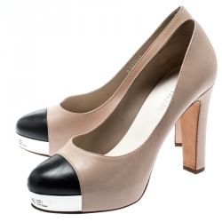 Pre Owned Chanel Beige And Black Leather Cap Toe Metal Platform Pumps Size 38