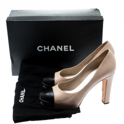 Pre Owned Chanel Beige And Black Leather Cap Toe Metal Platform Pumps Size 38