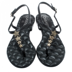 Pre Owned Chanel Black Leather Star Embellished Ankle Strap Flat Thong Sandals Size 37.5