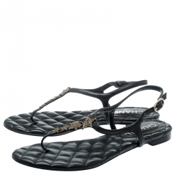 Pre Owned Chanel Black Leather Star Embellished Ankle Strap Flat Thong Sandals Size 37.5
