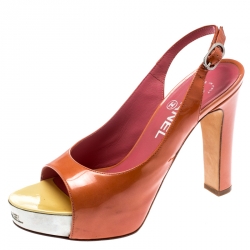 Chanel Orange Patent Leather Metal Platform Open Toe Slingback Sandals Size 35.5
