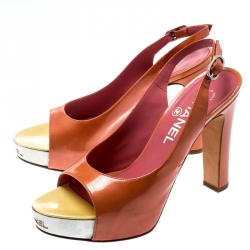 Pre Owned Chanel Orange Patent Leather Metal Platform Open Toe Slingback Sandals Size 35.5