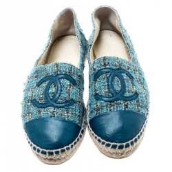 مملوكة مسبقًا حذاء إسبادريلز شانيل غطاء مقدمة جلد CC مع تويد أزرق مقاس 38