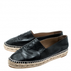 Pre Owned Chanel Black Leather CC Espadrilles Size 37