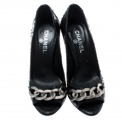 Pre Owned Chanel Black Python Leather CC Chain Detail Peep Toe Pumps Size 36