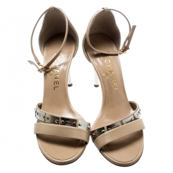 Chanel Beige Leather CC Heel Ankle Strap Sandals Size 38