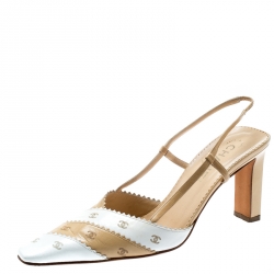 Pre Owned صندل شانيل فتحة كعب CC جلد بيج وأبيض مقاس 38