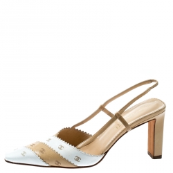 Pre Owned صندل شانيل فتحة كعب CC جلد بيج وأبيض مقاس 38