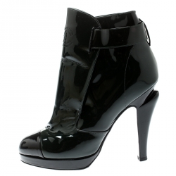 Chanel Green/Black Patent Leather Cap Toe Platform Ankle Boots Size 37